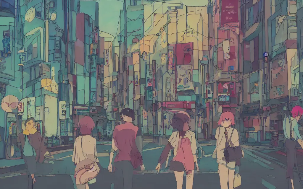 Image similar to 3 humans walking in a city mixed between tokyo and paris, near the see, lofi, dreamy, modofy, very colorful, anime inspiration, ghibli vibe
