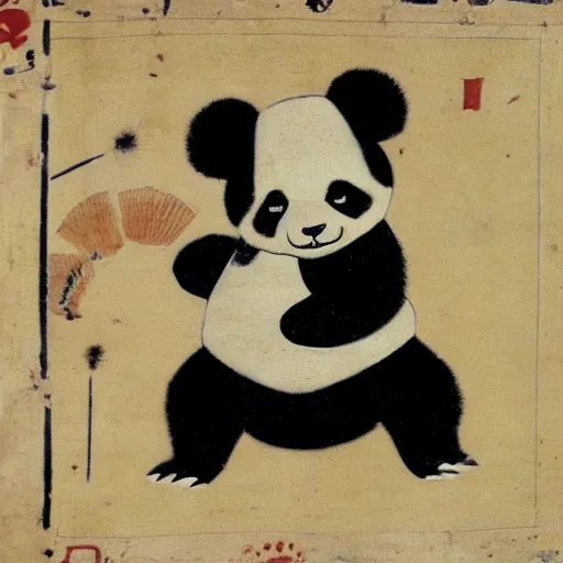 Prompt: vasework vaseart of a Panda practing karate in a vase , medieval art, fragmented clay firing Greek vase of a panda