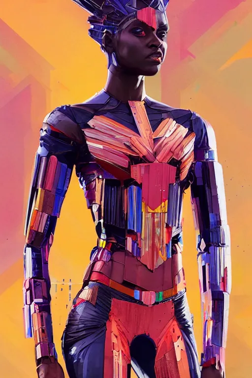 Prompt: full body portrait of the African Android Queen, by DC comics and Sandra Chevrier and beeple, artstation, volumetric lighting, hyperrealism, award winning costume design, fine textures, electric weave, 4k UHD, 50mm