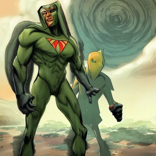 Prompt: fox murder talking to martian manhunter, intricate, beautiful, highly detailed, elegant, artstation, concept art, smooth and sharp focus