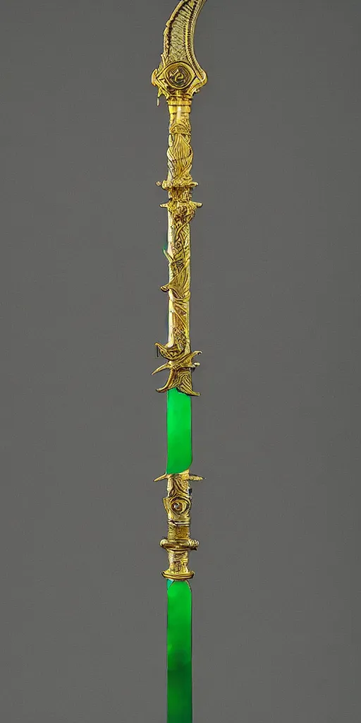 Image similar to photograph of a wide green and teal crystal sword blade attached to a big gold sword hilt