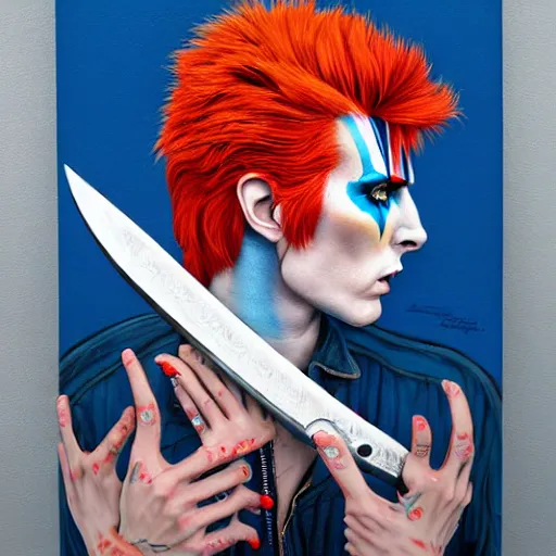 Image similar to Ziggy Stardust holding a Bowie knife, hand, james jean