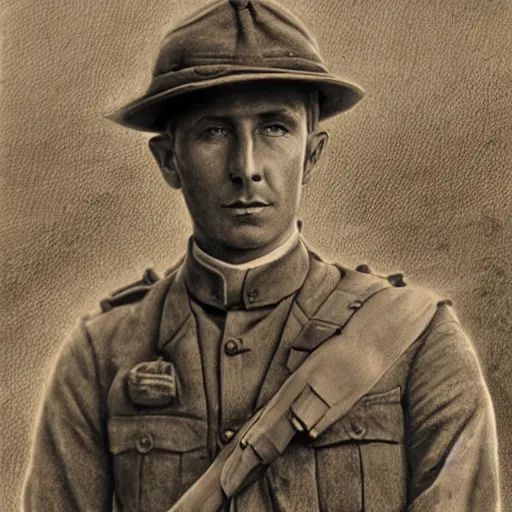 Image similar to a detailed photorealistic sepia - toned color portrait photo of a 1 9 1 7 worried clean - shaven british lieutenant in detailed field gear not wearing a hat in wadi rum, ultra realistic, painted, intricate details, lovecraft, atmospheric, dark, horror, brooding, highly detailed, by clyde caldwell