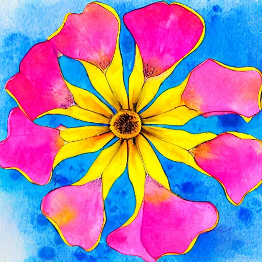 Prompt: morning glory, a flower with pink petals and yellow stem, radial symmetry, water color with limited color palete