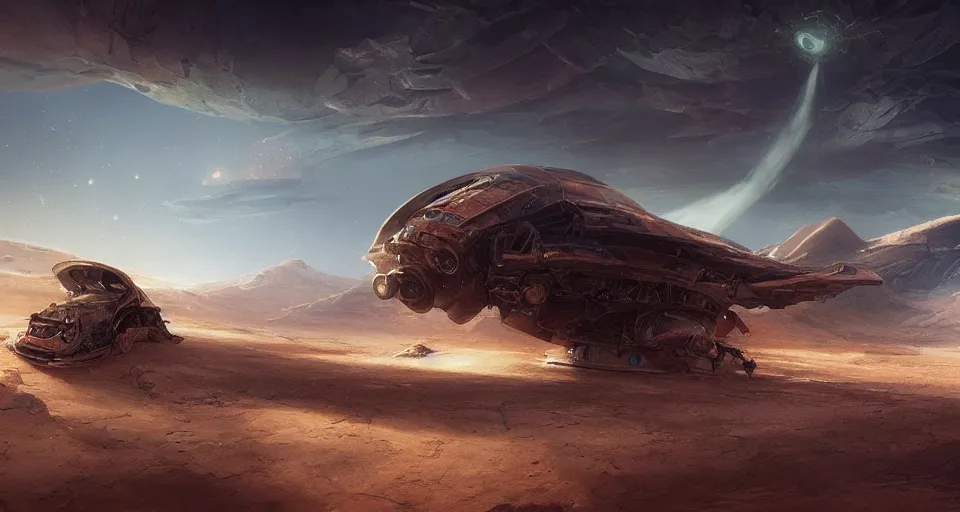 Image similar to crushed alien spaceship in desert, concept art by john park, darek zabrocki, tyler edlin, jordan grimmer, neil blevins, craig mullins, highly detailed, ultra detailed, ultra realistic, wide angle lens, trending on artstation