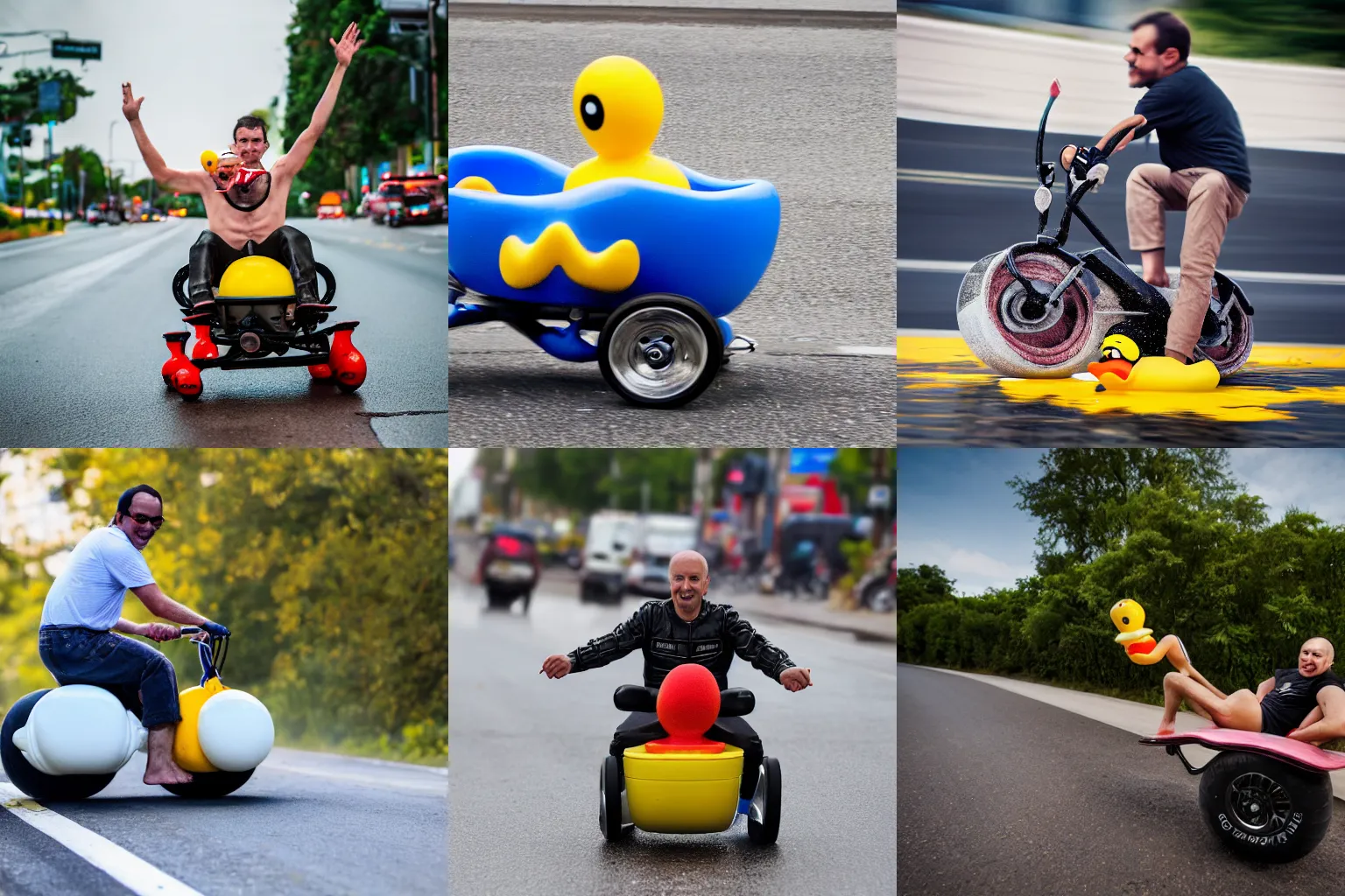 Prompt: Man driving a bathtub stunt bike with wheels down the road, the bathtub has a rubber duck branding, ƒ/5.6, focal length: 50 mm, exposure time: 1/200, ISO: 400