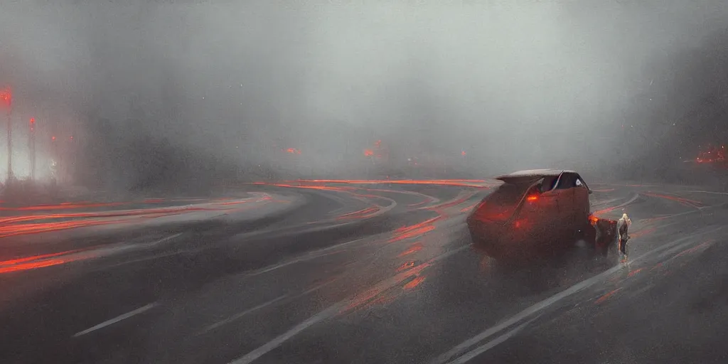 Image similar to a highly detailed epic cinematic concept art CG render digital painting artwork: Japanese highway, fog. By Greg Rutkowski, in the style of Francis Bacon and Syd Mead and Norman Rockwell and Beksinski, open ceiling, highly detailed, painted by Francis Bacon and Edward Hopper, painted by James Gilleard, surrealism, airbrush, Ilya Kuvshinov, WLOP, Stanley Artgerm, very coherent, triadic color scheme, art by Takato Yamamoto and James Jean