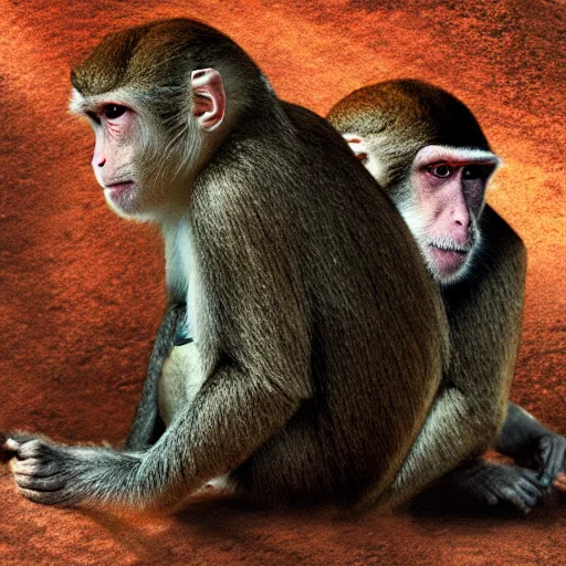 Image similar to two macaques looking at each other inside ancient cave, digital art, soft shadows, creepy art, flare effect