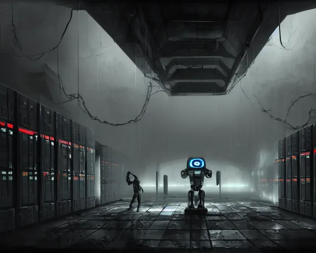 Prompt: gloomy ruined server room in datacenter painting concept art of robot knight colossus mono eyed, sharp focus, emitting diodes, smoke, artillery, pacing, computers, racks, motherboard, by pascal blanche rutkowski repin artstation hyperrealism detailed matte painting, 4 k resolution blade runner