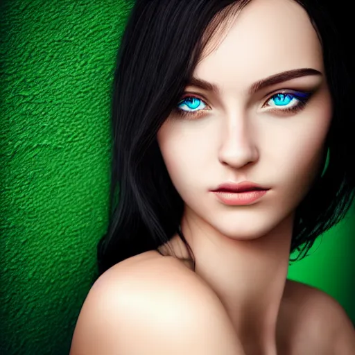 Prompt: photorealistic portrait of beautiful toxic girl, black hair, blue eyes, smooth face, perfect eyes, half body shot, elegant, realistic, glowing skin, detailed face, green colours, sharp focus