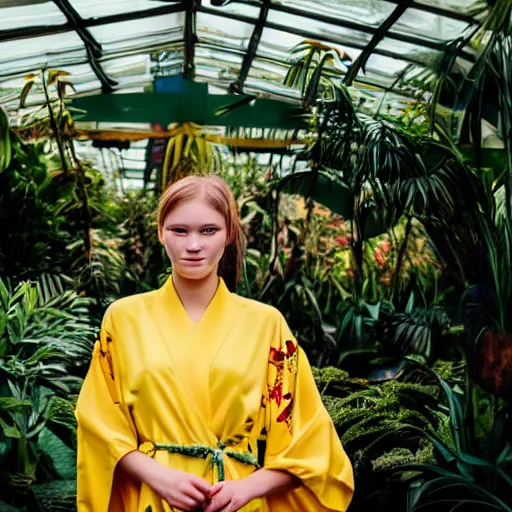 Image similar to photo portrait of the face of a young russian woman wearing a yellow kimono in a tropical greenhouse