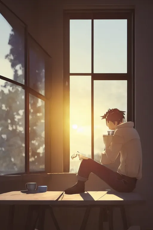 Image similar to a man sitting on a café table mext to a window and holding a cup of coffee at sunset, anime style, Pixar style, black hair, 4K, cartoon, concept art, octane render, unreal engine 5, path tracing, complementary colours, serene scene, warm, cute, natural lighting, high quality, highly detailed, high coherence, defined face, five fingers, anatomically correct, soft lighting, close view