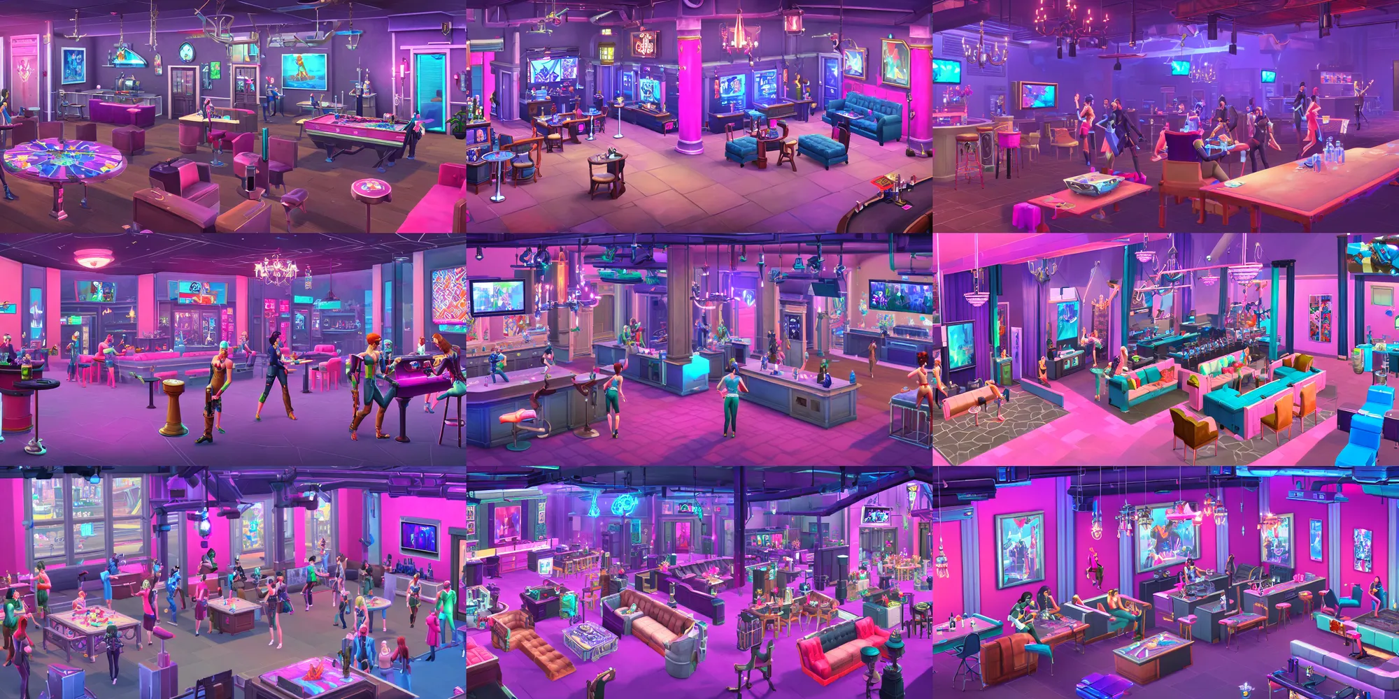 Prompt: game asset of the sims nightclub furniture and decoration, in gouache detailed paintings, props, stylized, 2 d sprites, kitbash, arcane, overwatch, blue and pink color scheme, 8 k, close up