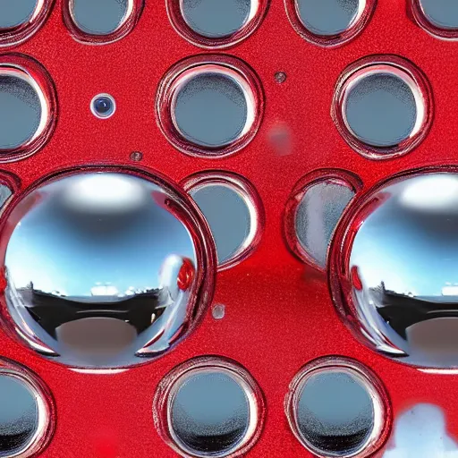 Prompt: chrome spheres on a red cube, helios 40 lens
