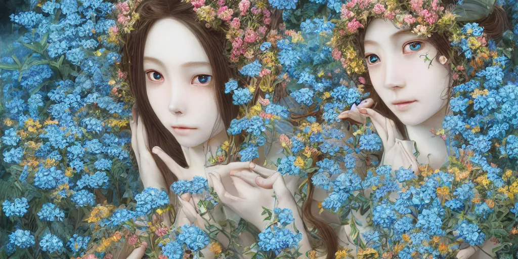 Prompt: breathtaking detailed concept art painting of hugs goddesses of light-blue flowers, orthodox saint, with anxious, piercing eyes, ornate background, amalgamation of leaves and flowers, by Hsiao-Ron Cheng, James jean, Miho Hirano, Hayao Miyazaki, extremely moody lighting, 8K
