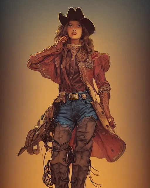 Image similar to a cowgirl, midshot single subject, art poster, ambient lighting, detailed, by ayami kojima, makoto shinkai, kilian eng