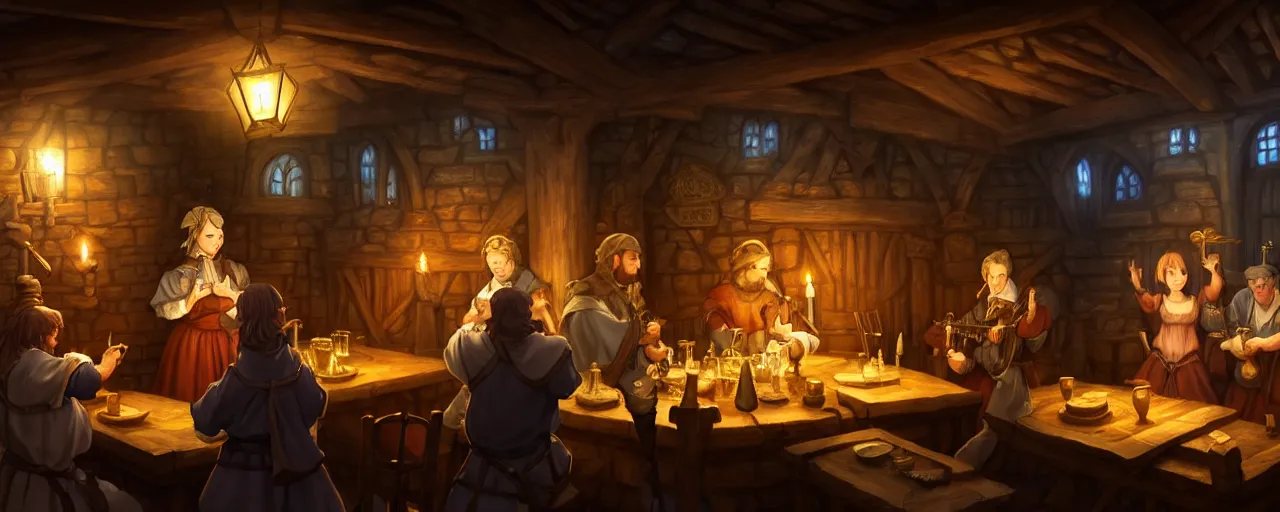 Prompt: A medieval cozy tavern with a bard on a stage on the centre of the frame, screenshot from anime hidden object game, cinematic lighting, epic composition, cartoon, animation, background art, post processing, 8K resolution, elegant, highly detailed, digital painting, artstation, concept art, matte, sharp focus, illustration, art by da Vinci, Artgerm and Greg Rutkowski and Alphonse Mucha, Fire Emblem inspiration, RPG inspiration, JRPG inspiration