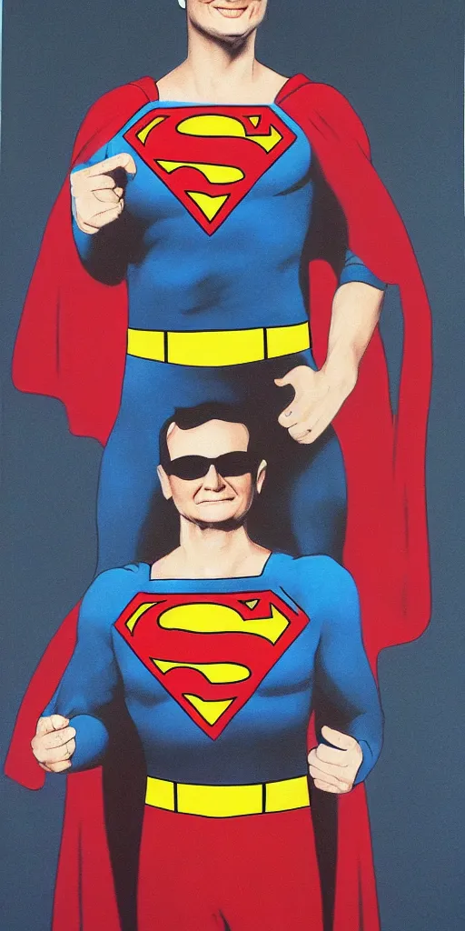 Image similar to portrait of charles nelson reilly dressed as superman, paint on black velvet