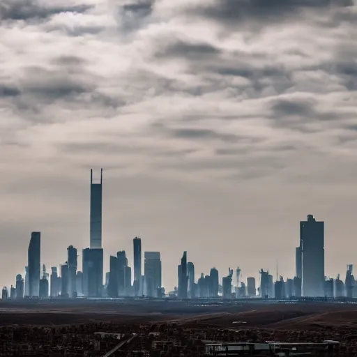 Prompt: Giant megacity looming across the landscape, dystopian, post apocalyptic, XF IQ4, f/22, ISO 200, 1/160s, 8K, RAW, unedited, symmetrical balance, in-frame