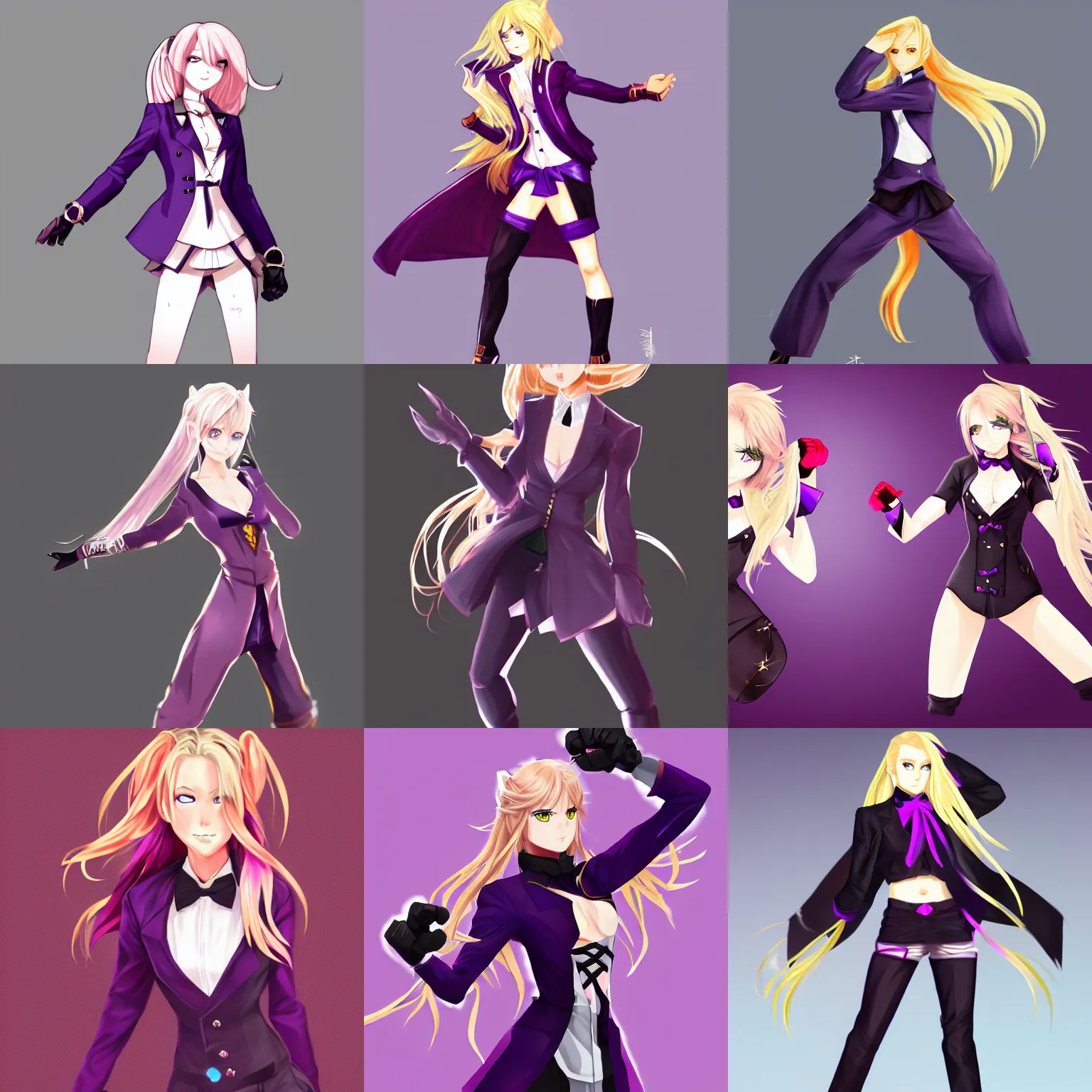 Prompt: fighter anime girl with purple eyes, long blonde hair wearing a tuxedo in a fighting stance, digital art, artstation, character design