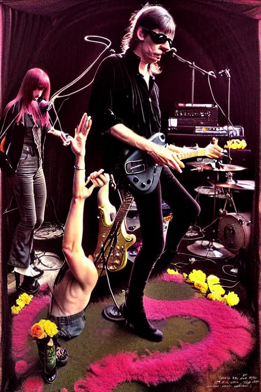 Prompt: the velvet underground and nico playing live on stage at a night club, beautiful stage decoration with flowers in the background, painting by norman rockwell, very detailed and toned down and ornamental and moody and cool and relaxed and high on drugs, tasteful colors, trending on artstation, behance contest winner