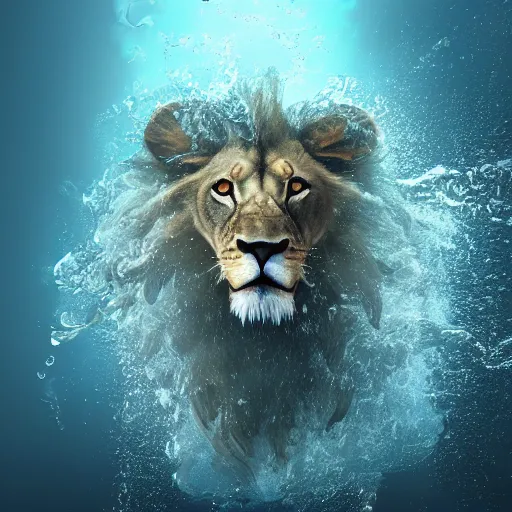 Prompt: a male lion's face breaching through a wall of water, headshot, water sprites, splashing, air bubbles, headshot, deep blue ocean, highly detailed, realistic digital art, trending on artstation