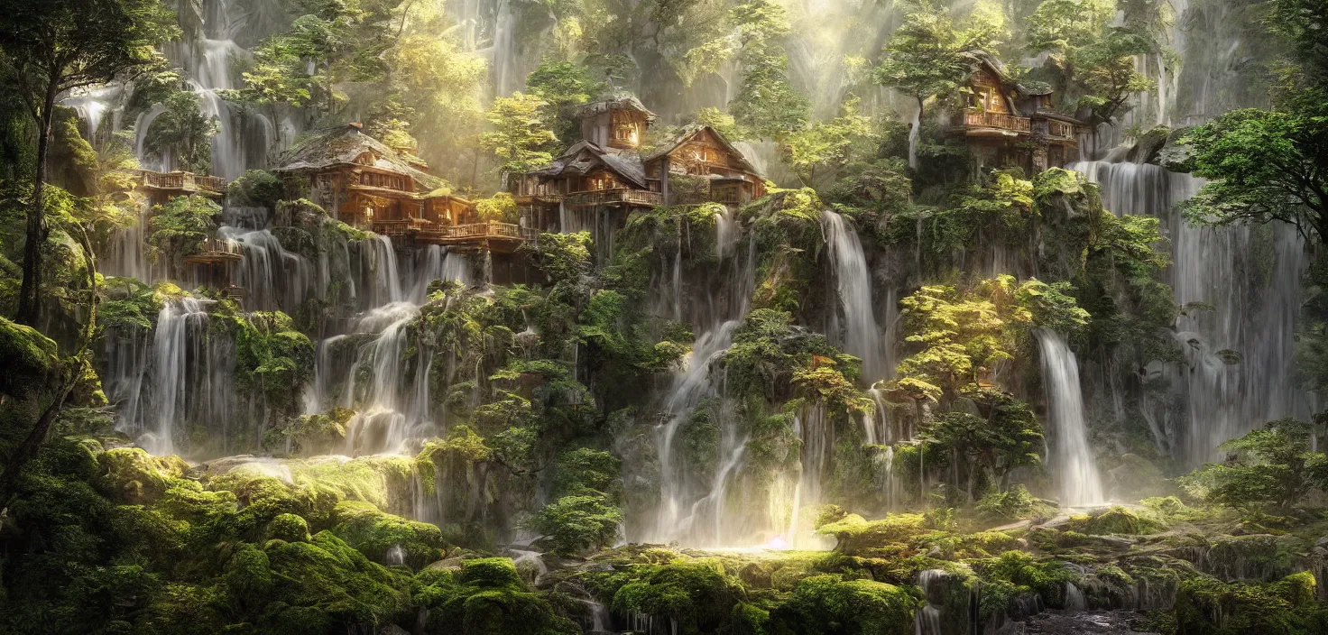 Image similar to beautiful big house in the forest, waterfall flows down from the mountain, octane render, fabulous, hyper detailed, random cinematic view, no noise, global illumination, warm lighting, volumetric, godrays, vivid, by jordan grimmer