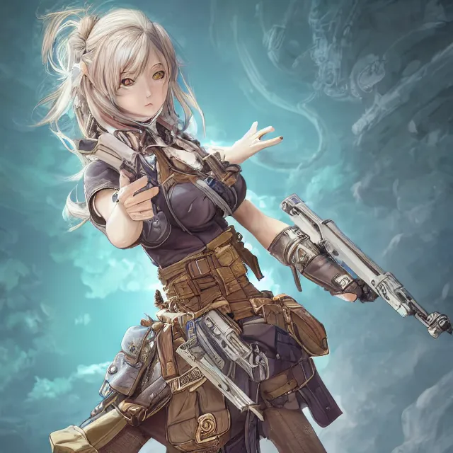 Image similar to the portrait of lawful neutral semi - colorful female infantry gunner as absurdly beautiful, gorgeous, elegant, young anime girl, an ultrafine hyperdetailed illustration by kim jung gi, irakli nadar, intricate linework, bright colors, octopath traveler, final fantasy, unreal engine 5 highly rendered, global illumination, radiant light, detailed and intricate environment