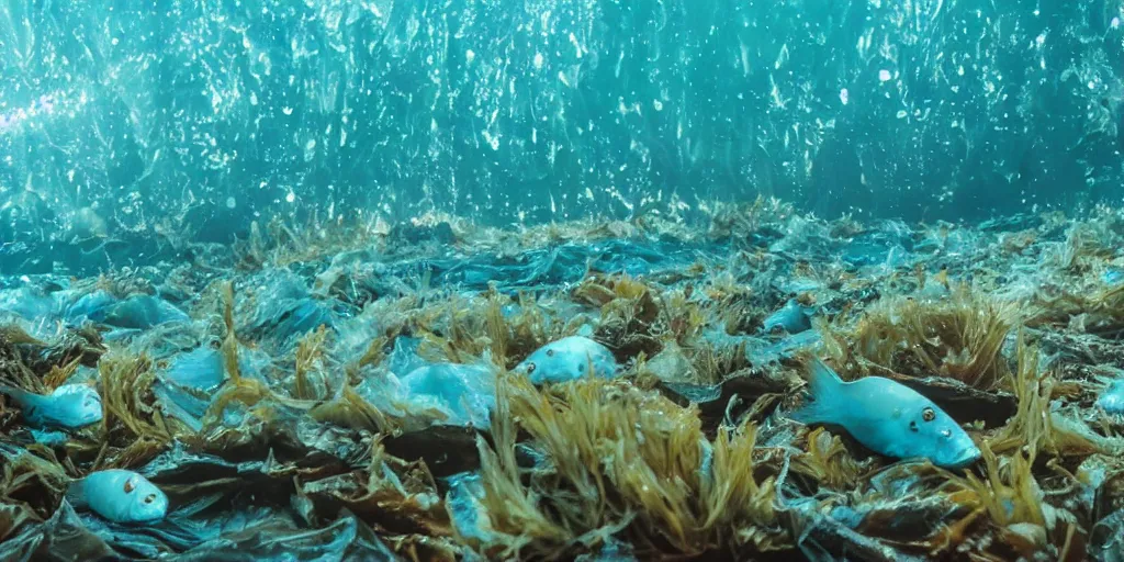 Image similar to fish covered in plastic underwater in the ocean in an eerie feeling and looking dystopian, the sunlight is in rays through the water