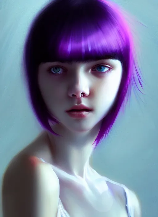 Image similar to hair whitebangs hair, white hair, whitebangsblackhair, portrait of teenage girl with white bangs, blackhair, red irises, purple clothes, intricate, elegant, glowing lights, highly detailed, digital painting, artstation, concept art, sharp focus, illustration, art by wlop, mars ravelo and greg rutkowski