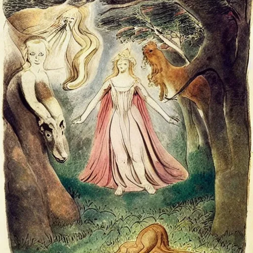 Image similar to by william blake harrowing. a beautiful installation art of princess aurora singing in the woods while surrounded by animals. she looks so peaceful & content in the company of the animals, & the colors are simply gorgeous.