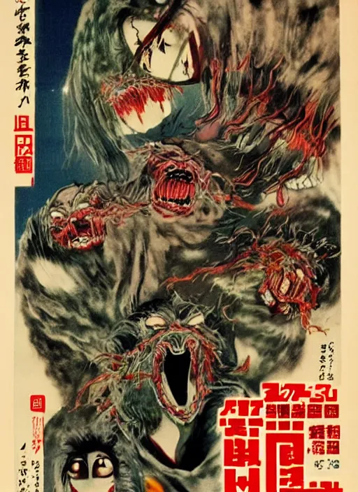 Prompt: vintage japanese movie poster with mutated nightmarish creatures, from a 1 9 8 0 s japanese horror movie