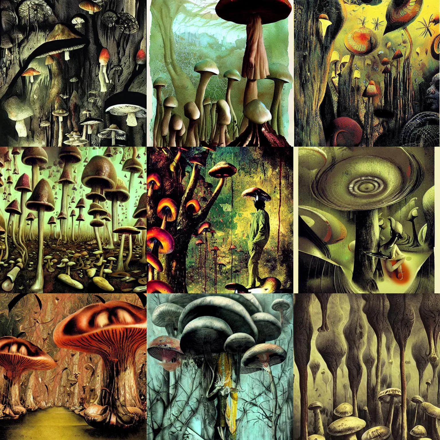 Prompt: psychedelic mushrooms dream, insanely detailed matte painting, by dave mckean, masterpiece