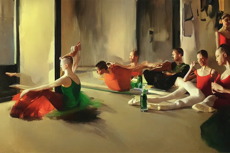 Image similar to ballet dancers drinking brutal and raw wine, inside a tiny green room with red lights by joaquin sorolla, greg rutkowski, bill sienckiwicz, extremely detailed