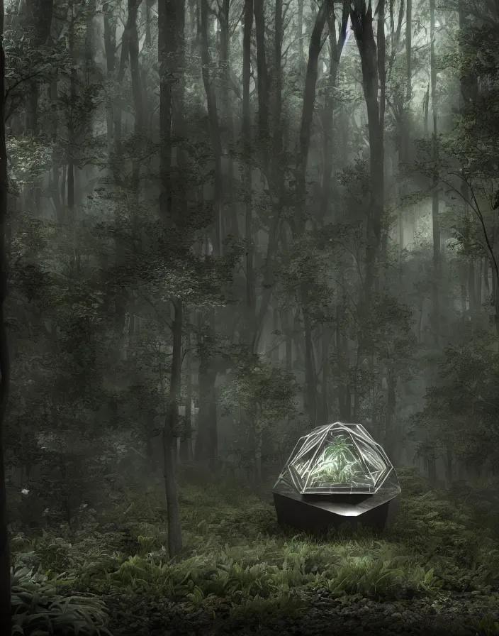 Prompt: illuminati inside a woodland terrarium, matte painting, octane render, cinematic, hyper realism, octane render, 8k, depth of field, bokeh. iridescent accents. Dark and foggy. scheme