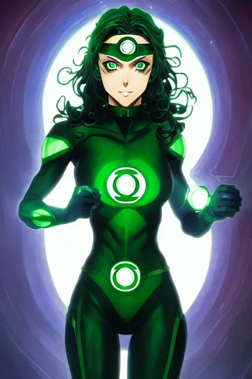 Prompt: anime key visual of a beautiful young female green lantern!! intricate, green and black suit, glowing, powers, dc comics, cinematic, stunning, highly detailed, digital painting, artstation, smooth, hard focus, illustration, art by artgerm and greg rutkowski and alphonse mucha
