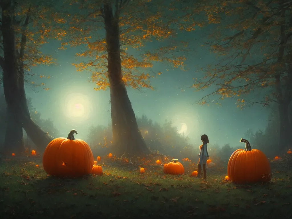 Prompt: a ultra detailed beautiful painting of a pumpkin in a dark forest, graveyard in the background, moonlight through the trees, oil panting, high resolution 4 k, by ilya kuvshinov, greg rutkowski and makoto shinkai