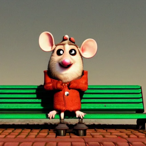 Image similar to sad anthropomorphic rat, pixar, 3 d, sad, lonely, moody lighting, wearing a fur coat, in the rain, at night, sitting on a park bench