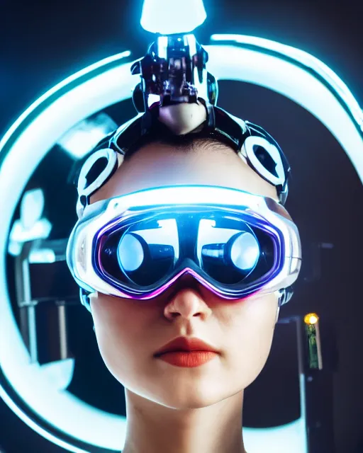 Prompt: centered portrait photo of flirtatious young lorena herrera as a solarpunk mecha humanoid robotic parts wearing goggles with bright lights, real human face, pudica pose, inside white room, ultra - realistic and detailed, 8 k