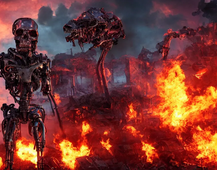 Image similar to terminator with purple flaming skull, destroyed town on background, fantasy artwork, very beautiful scenery, hd, hdr, ue 5, ue 6, unreal engine 5, cinematic 4 k wallpaper, 8 k, ultra detailed, by popular digital, details, beautiful image ever created, high resolution, artstation, award winning