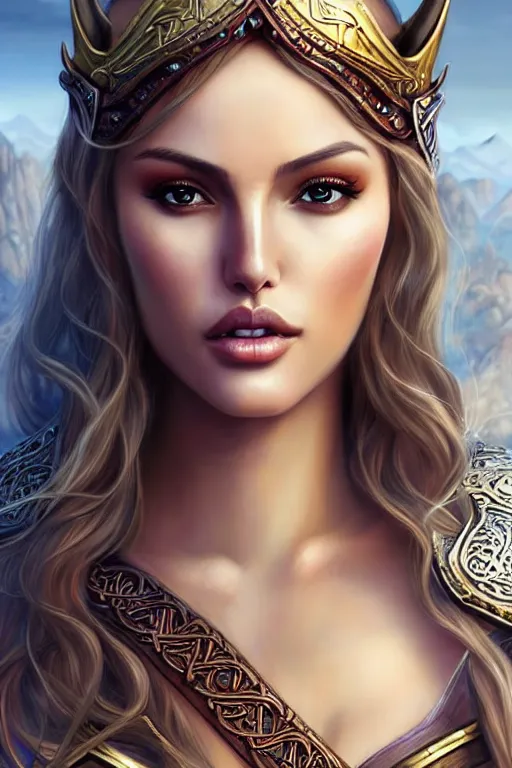 Image similar to hyper - realistic, gorgeous!! woman resembling eiza gonzalez as a high elf, princess, viking, warrior | high detail, intricate, digital painting, artstation, elegant, divine, smooth, sharp focus, dugneons and dragons, world of warcraft, character design, concept art, illustration, art by artgerm & jeehyung lee & wlop