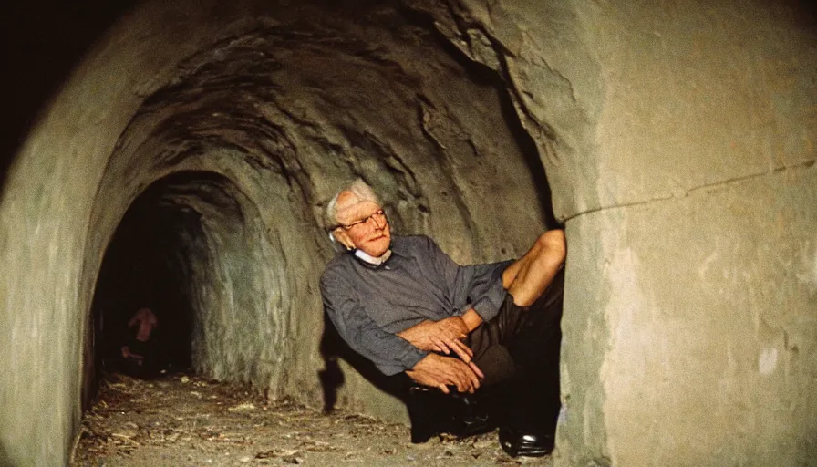 Image similar to 7 0 s movie still of an old man in a tiny tunnel. his skin is full of holes. cinestill 8 0 0 t 3 5 mm technicolor, heavy grain, high quality, high detail