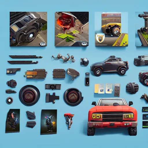 Image similar to car engine, car parts concept, card, comic page, realistic fortnite, ui card, Octane render, pixel art