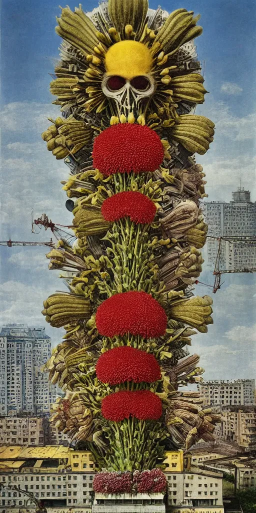 Image similar to colossal Beelzebub flower in the middle of post soviet constructivist cityscape, Stalinist architecture, brutalist architecture, ultradetailed, Intricate by Giuseppe Arcimboldo and MC Esher and Wes Anderson and H.R. Giger