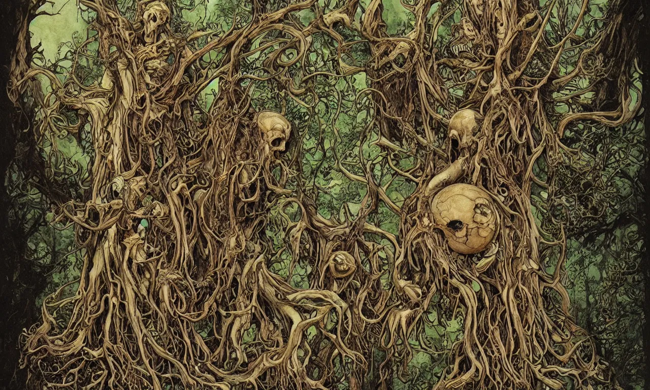 Image similar to hyperdetailed art nouveau portrait of treebeard and old groot as a cthulhu eyeball moose skull wendigo swamp thing cryptids, by michael kaluta, simon bisley and bill sienkiewicz, photorealism, claws, skeleton, antlers, fangs, forest, wild, bizarre, scary, lynn varley, lovern kindzierski, steve oliff