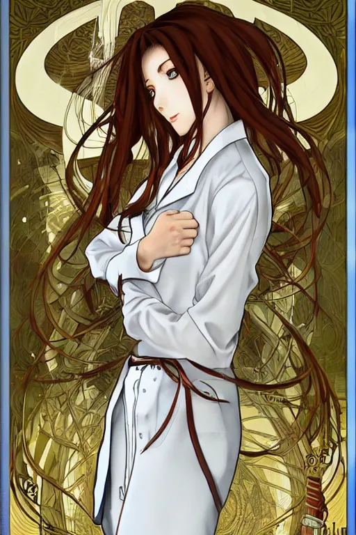 Image similar to Kurisu Makise in flowing lab coat tonemapped in the style of Ayami Kojima and Alphonse Mucha