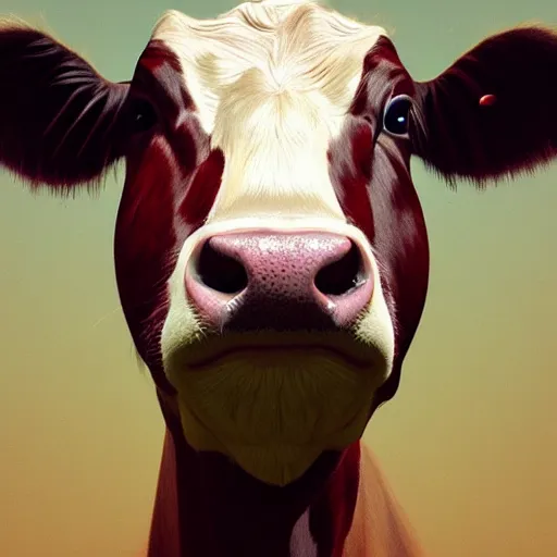 Prompt: portrait of a cow with the face of a man, hyper detailed, digital art, trending in artstation, cinematic lighting, studio quality, smooth render, unreal engine 5 rendered, octane rendered, art style by klimt and nixeu and ian sprigger and wlop and krenz cushart