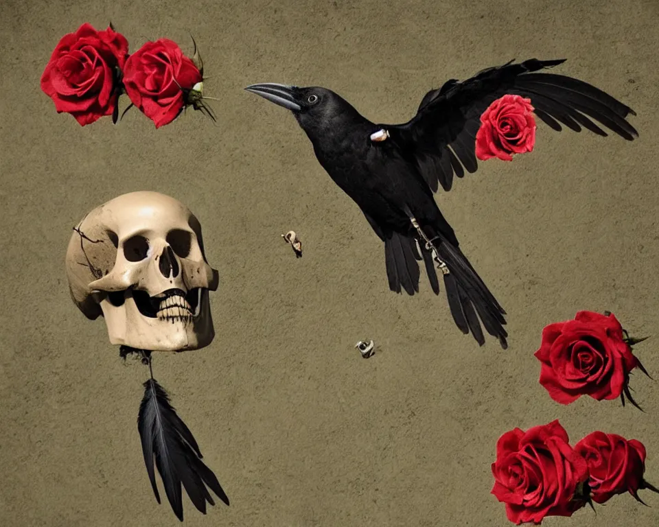 Image similar to crow's feather falling from the sky, roses climb up the skull on crucifix, graveyard in the darkness