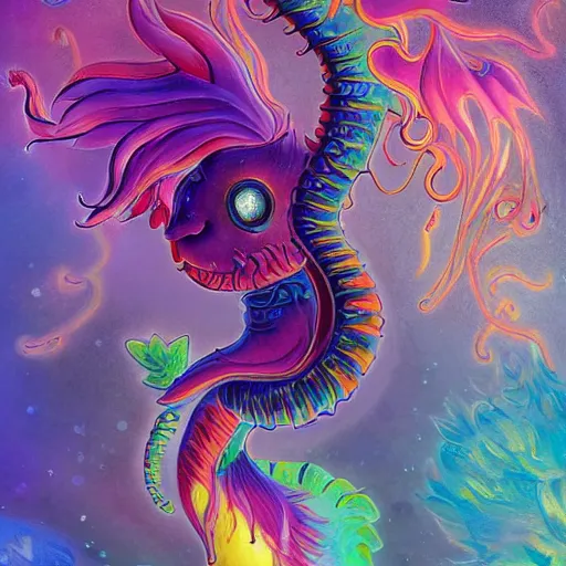 Prompt: autistic bisexual cat seahorse shapeshifter with a long tail, long haired humanoid weirdcore voidpunk fursona, detailed coherent painterly full body character design digital art by delphin enjolras, wlop, louis wain, lisa frank, furaffinity, cgsociety, trending on deviantart, trending on artstation