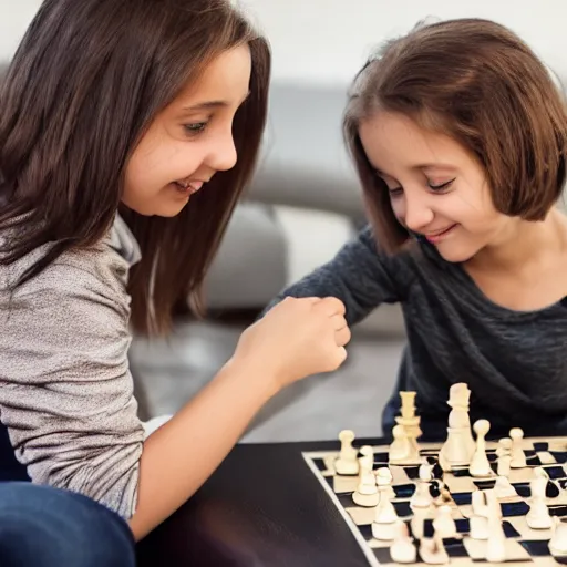 Image similar to light brown and black havanese puppy playing chess against a young girl